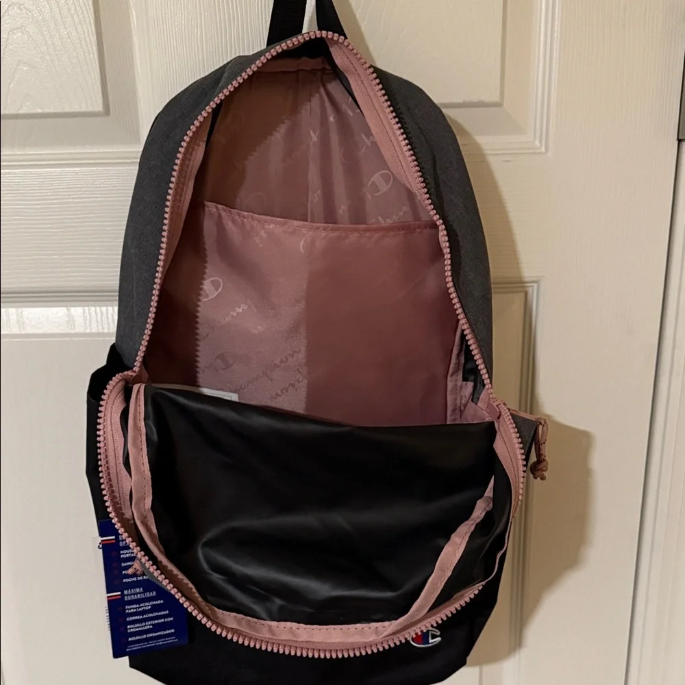 Champion Two-Tone Gray and Black Backpack with pink zippers - Picture 2 of 3